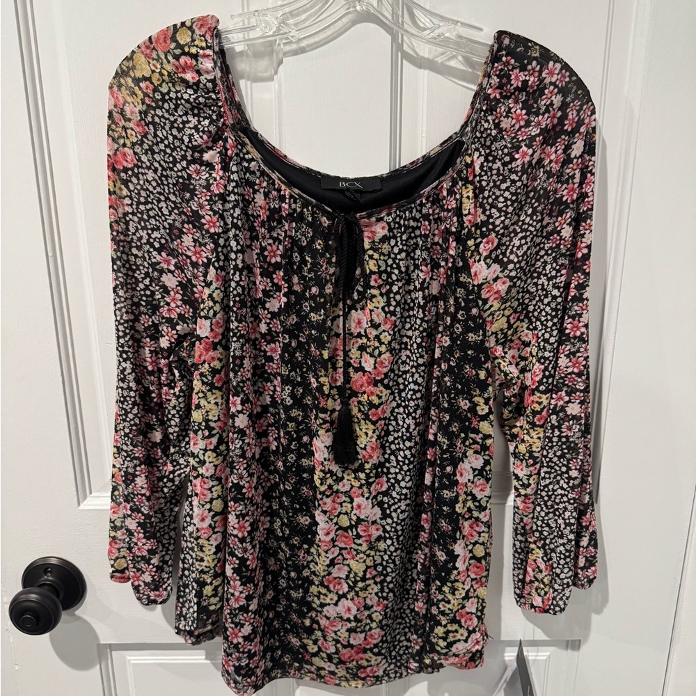BCX Women's Floral Blouse - Black, Pink, and Yellow